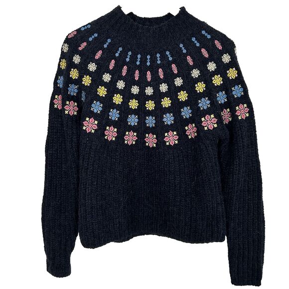 Boden Fluffy Embroidered Jumper Sweater Size 4 US Blue Knit Floral Mock Neck - Picture 2 of 10